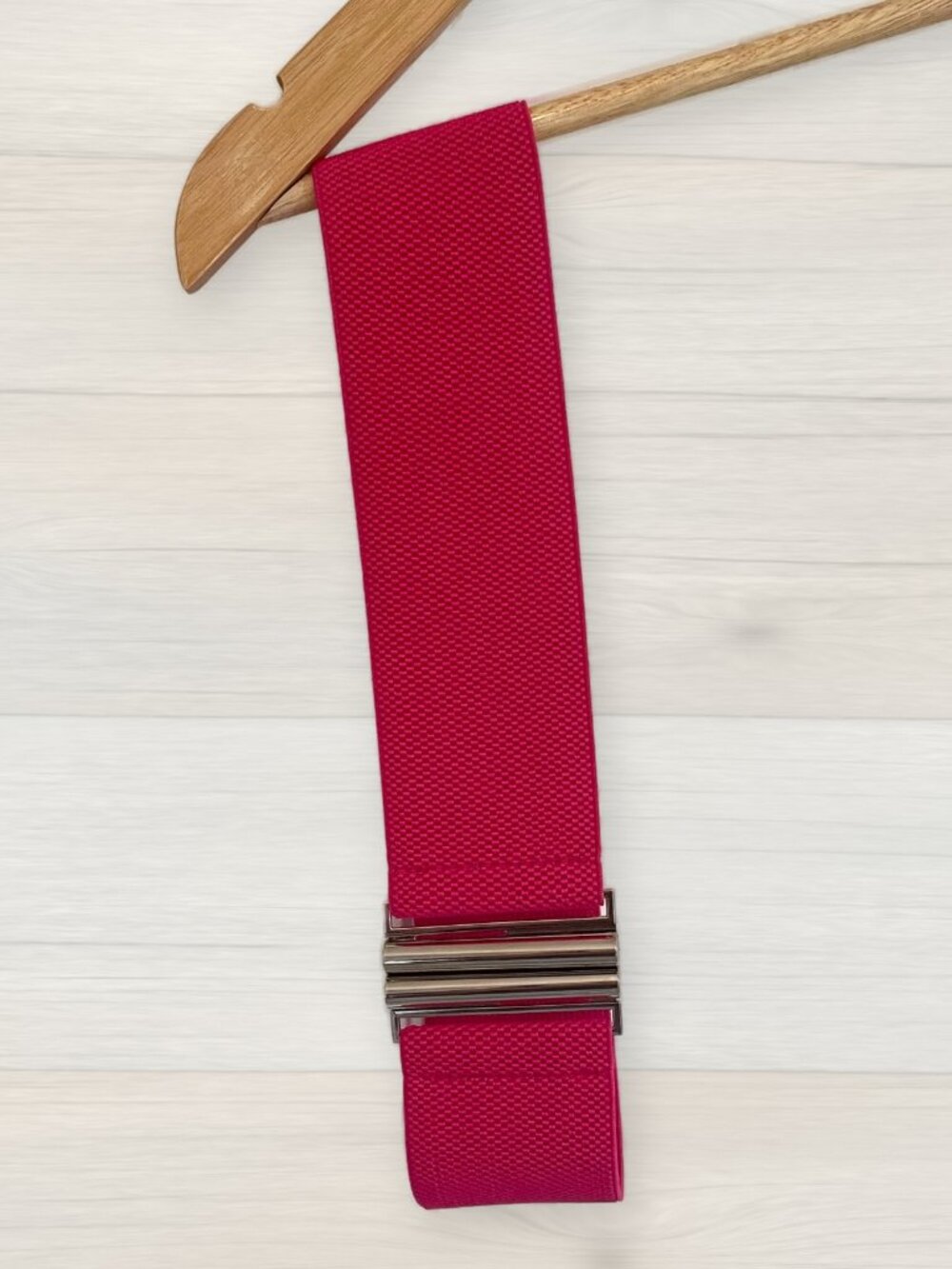 Wide Fuchsia Pink Elastic Stretch Cinch Belt Silver Interlocking Clasp